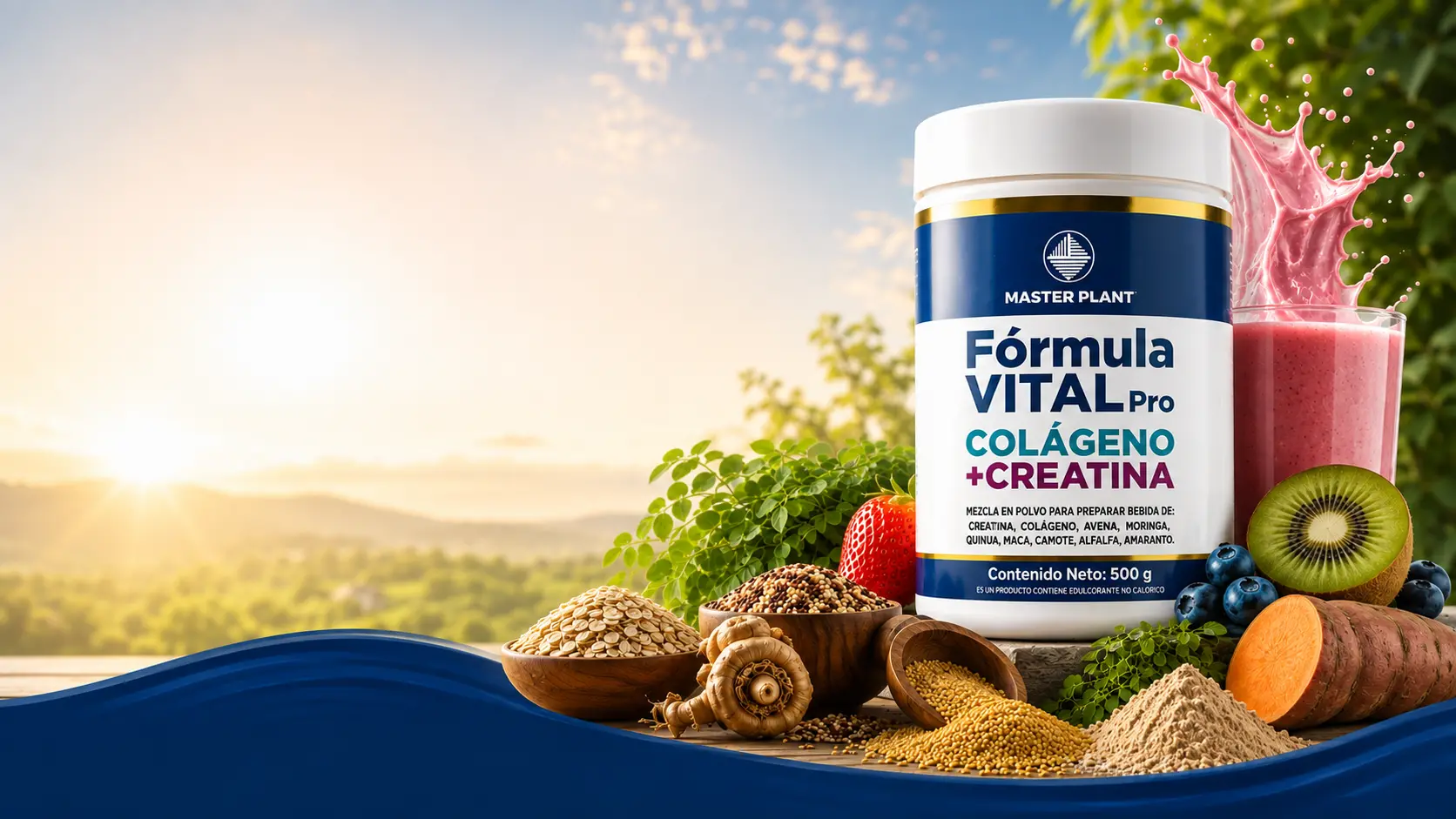 Fórmula Vital Pro 500g rodeada de moringa, quinua, avena, maca, camote y frutas al amanecer